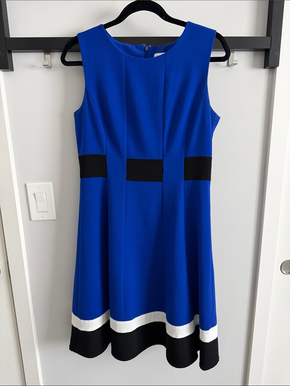 Sleeveless Royal Blue Fit & Flare Midi Dress with Black and White Trim